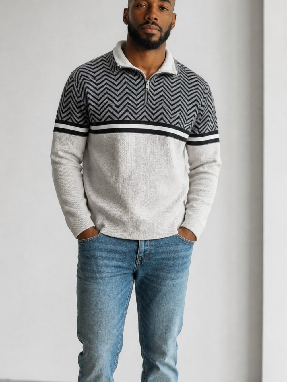 Men's Chevron Knit Turtleneck Sweater - Gray & White